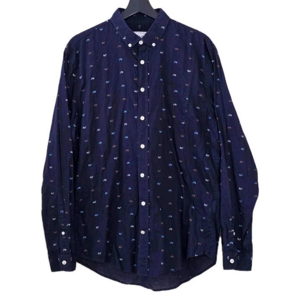 Frank & Oak Motorcycle Print Shirt Mens L Navy LS Office Party Minimalist Preppy